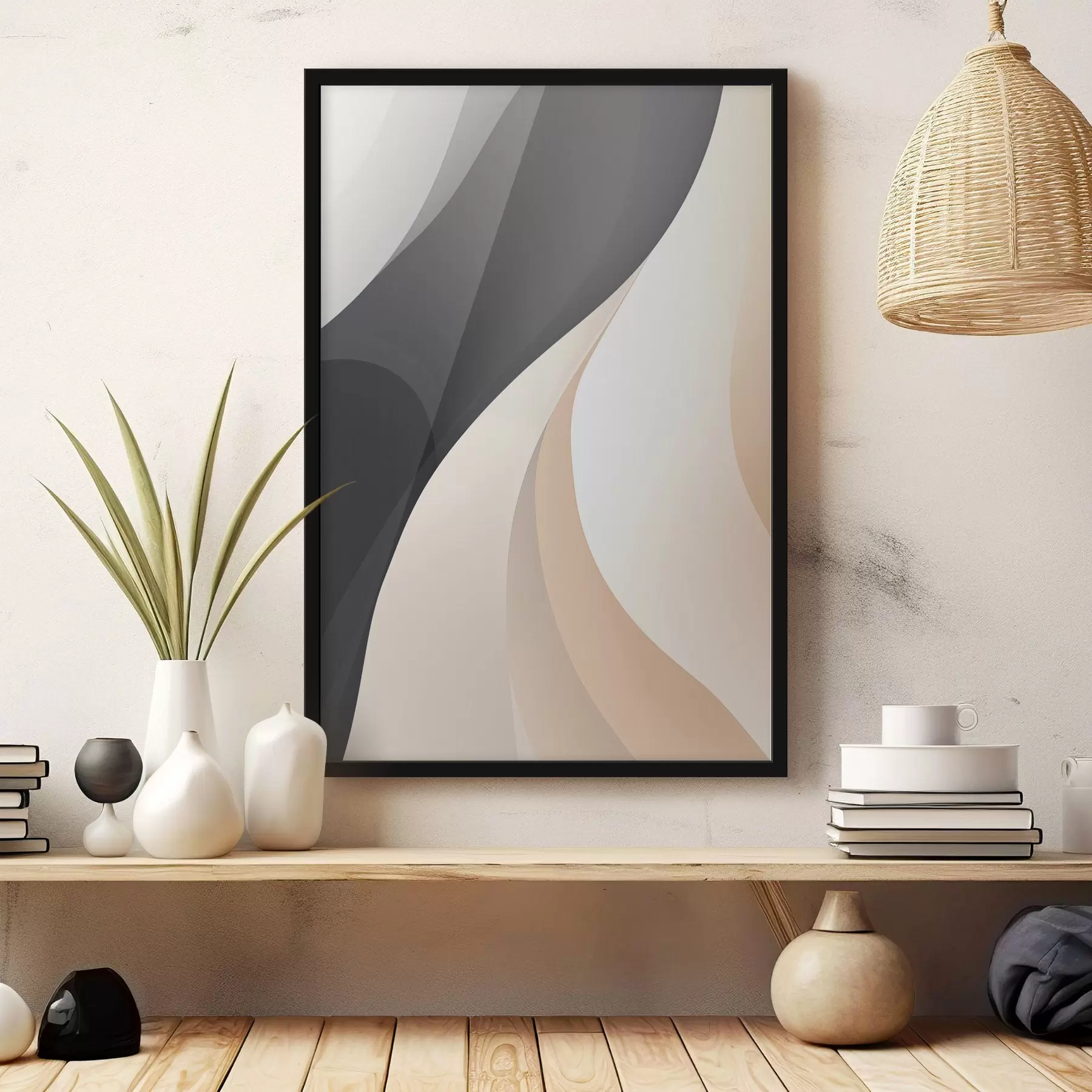 Fotobehang Strakke overlappende rondingen in antraciet, ivoor en zand f46493