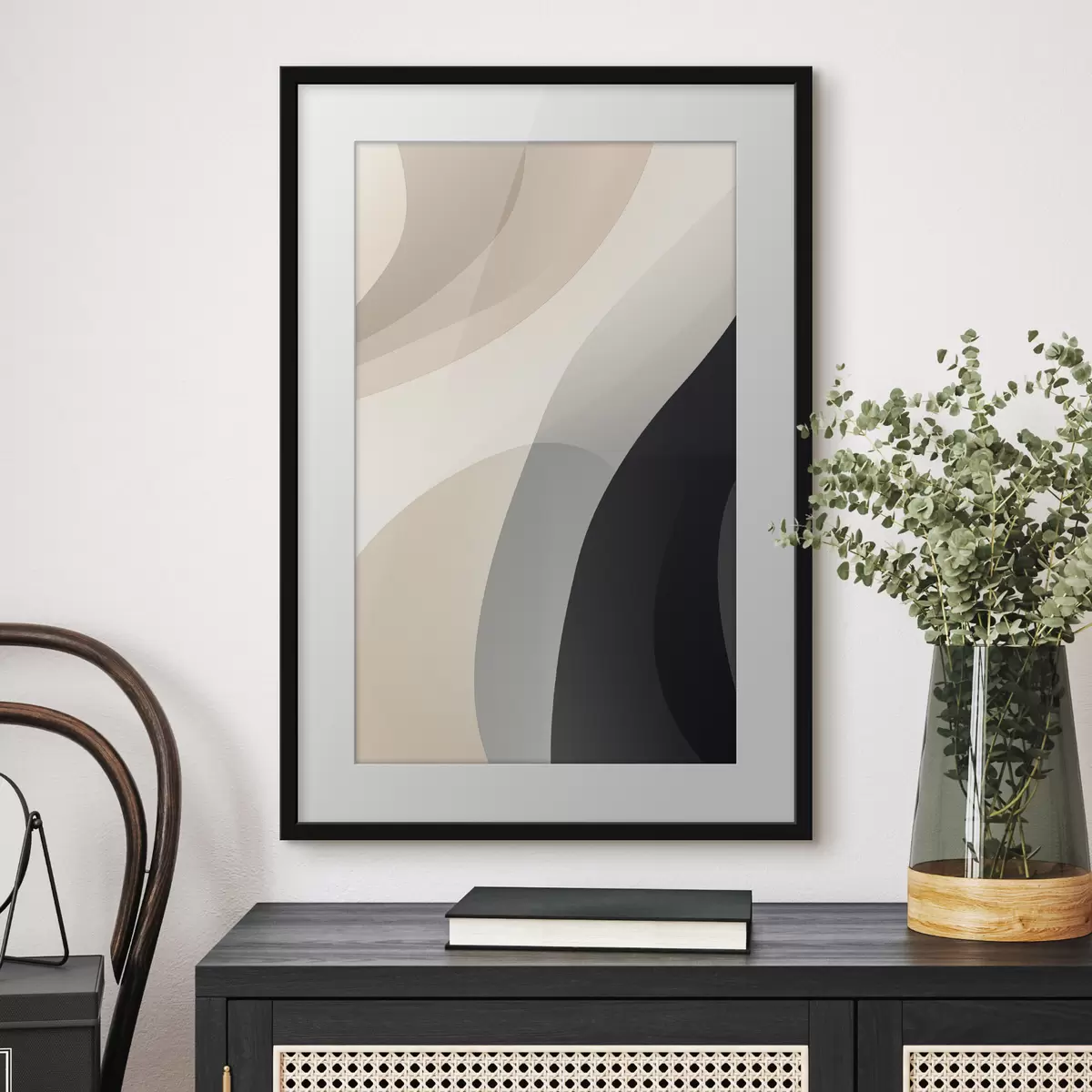 Poster Organische golfvormen in warm beige en antraciet f46494