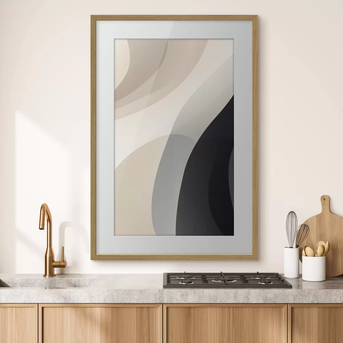 Poster Organische golfvormen in warm beige en antraciet f46494
