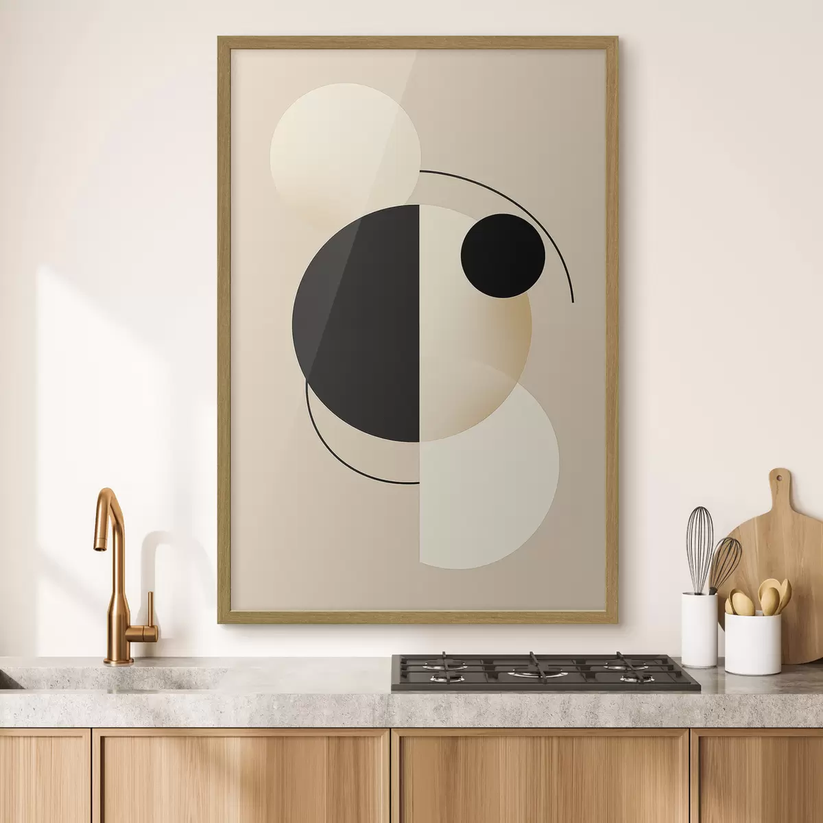 Poster Grafische cirkels en bogen in zacht beige en zwart f46497