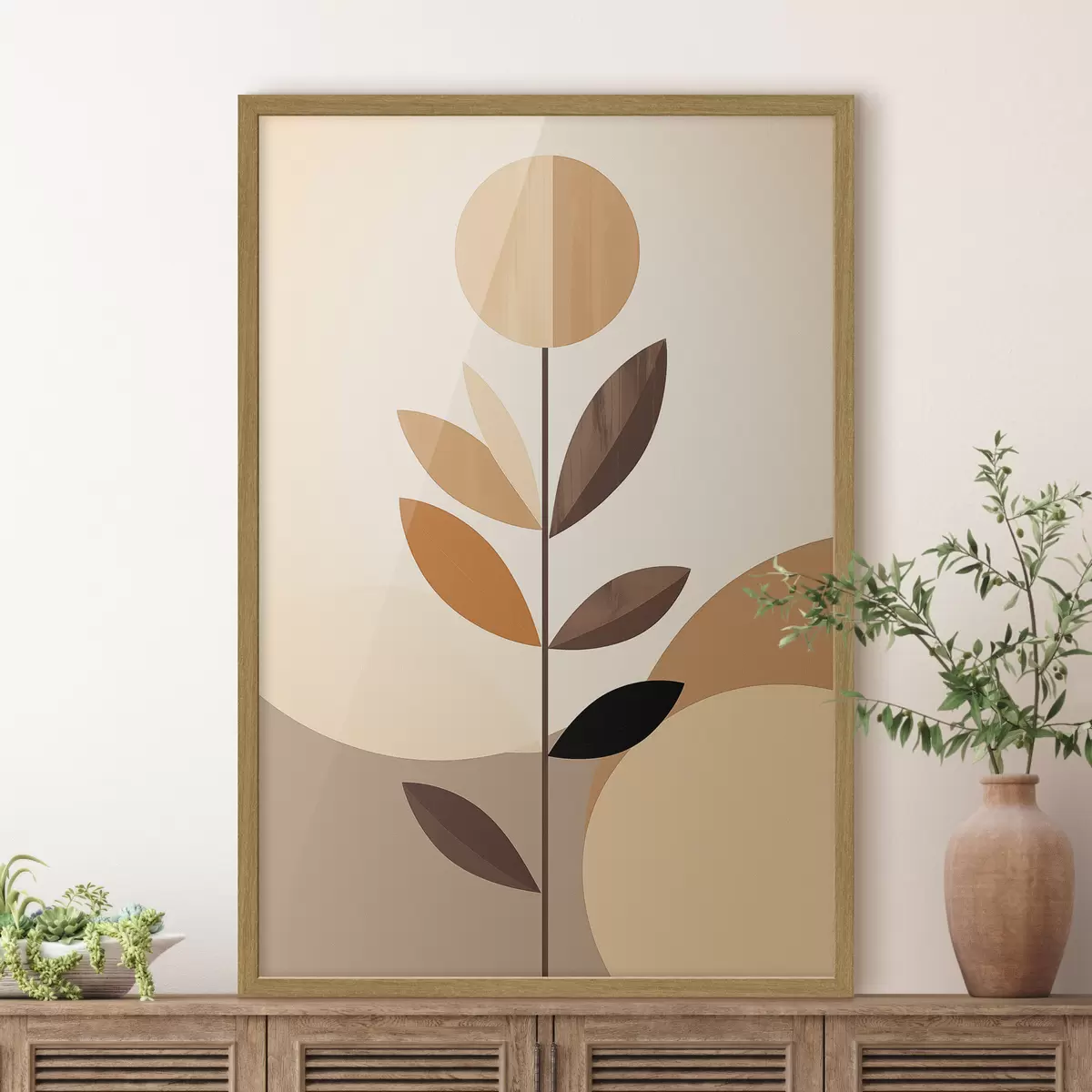 Poster Gestileerde bloem met geometrische bladeren in warme tinten f46500