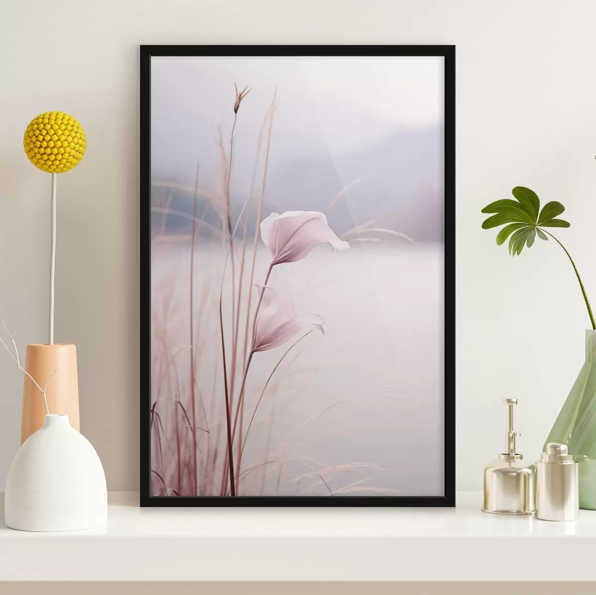 Poster Delicate roze bloesems aan een rustig meer f46503