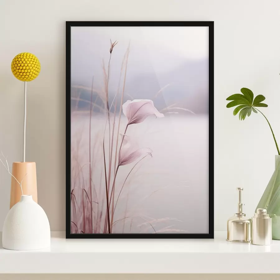 Fotobehang Delicate roze bloesems aan een rustig meer f46503