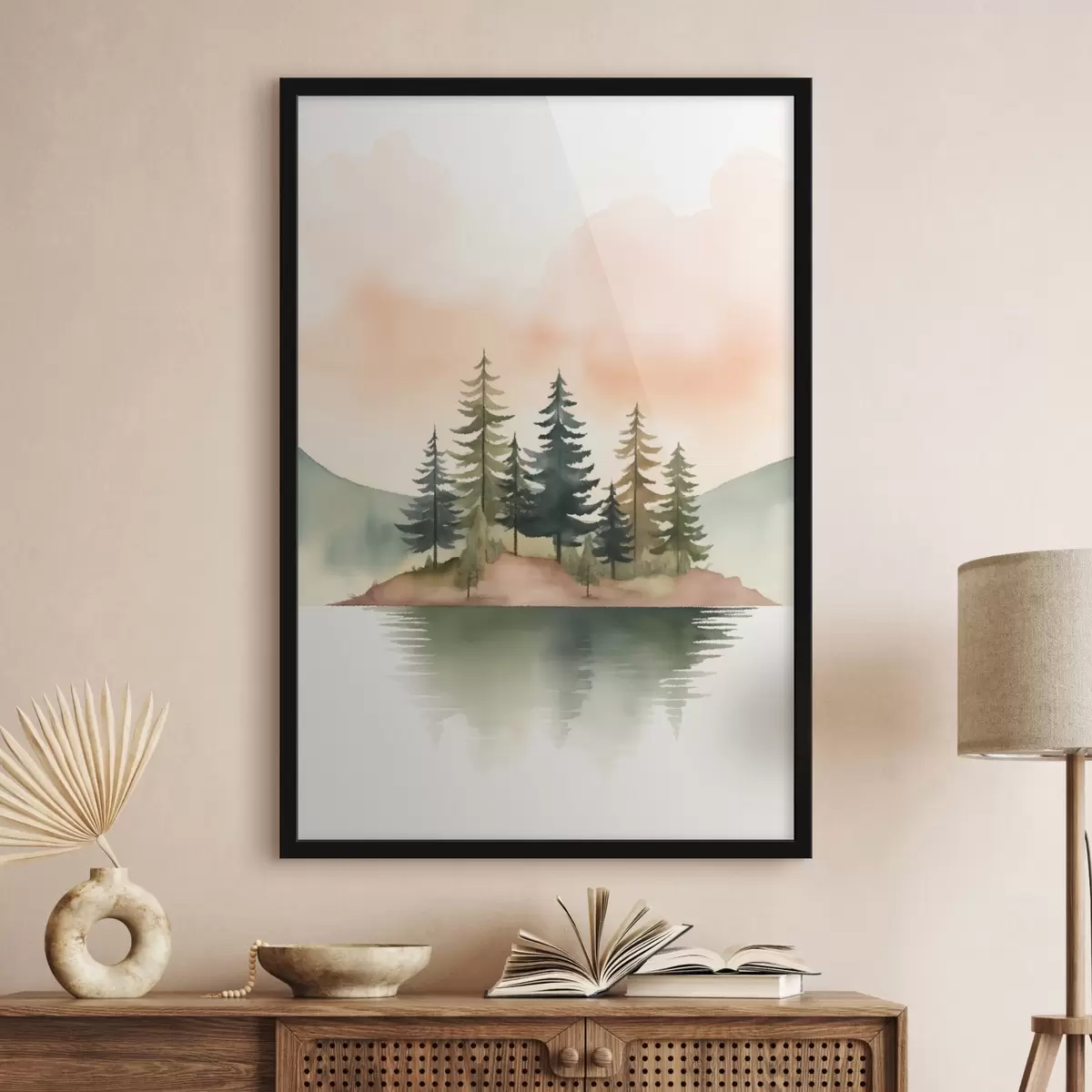 Poster Aquarel dennen op een mistig eilandje, zachte perzikkleurige lucht f46505