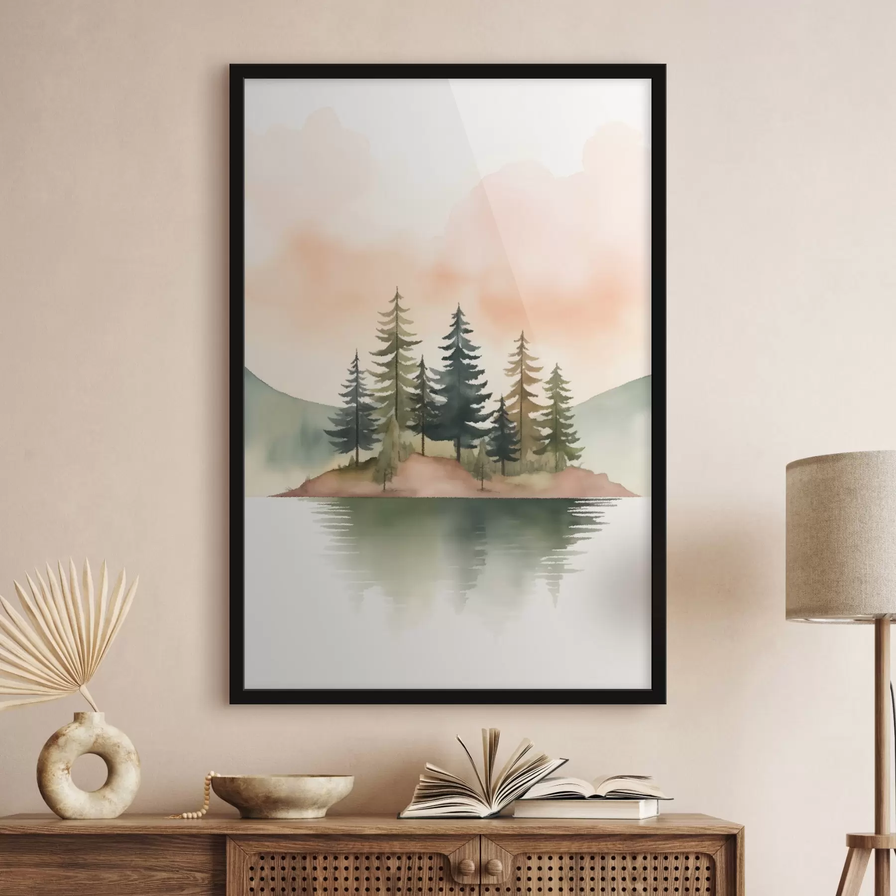 Fotobehang Aquarel dennen op een mistig eilandje, zachte perzikkleurige lucht f46505