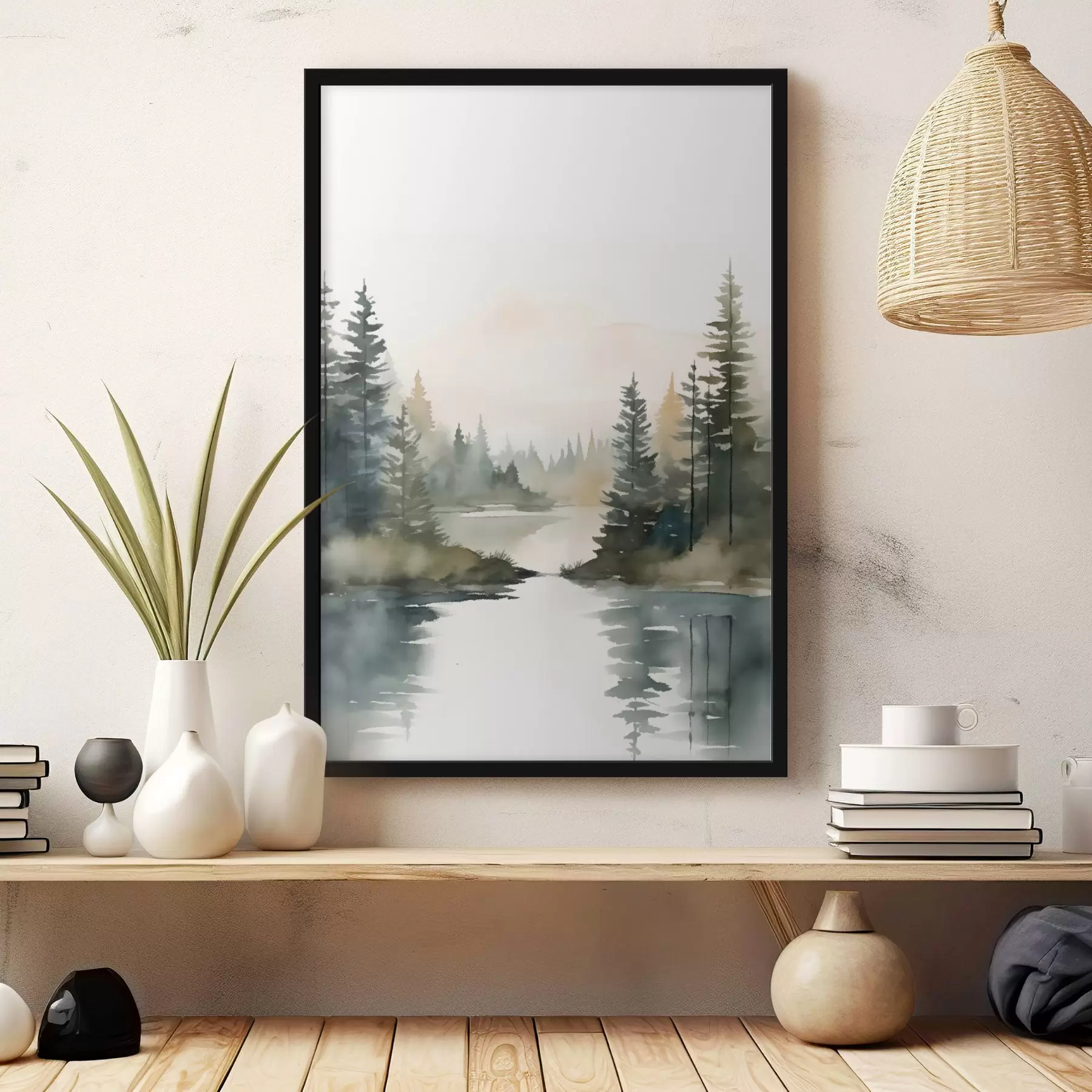 Fotobehang Mistig naaldbos boven een rustige rivier, aquarelstijl f46507