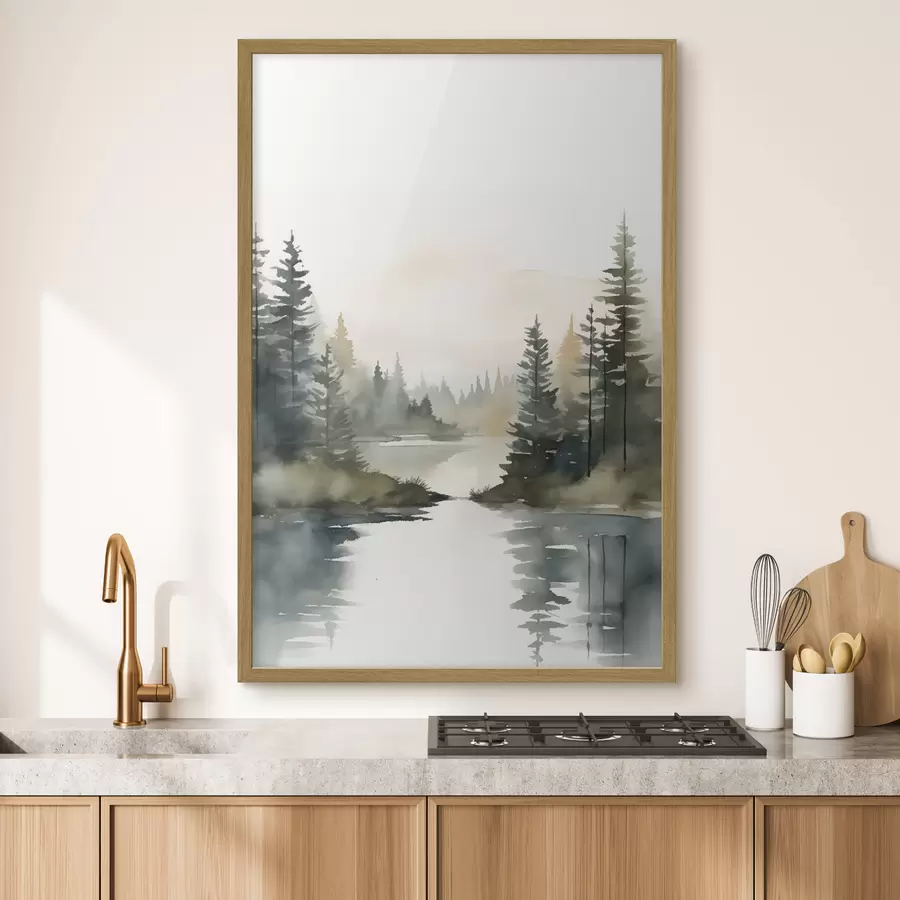 Fotobehang Mistig naaldbos boven een rustige rivier, aquarelstijl f46507