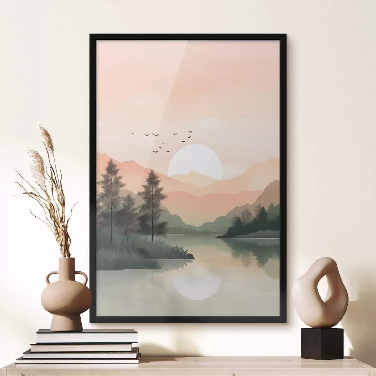 Poster Pastelkleurige zonsondergang boven een rustig meer met heuvels in de verte en vogels f46508