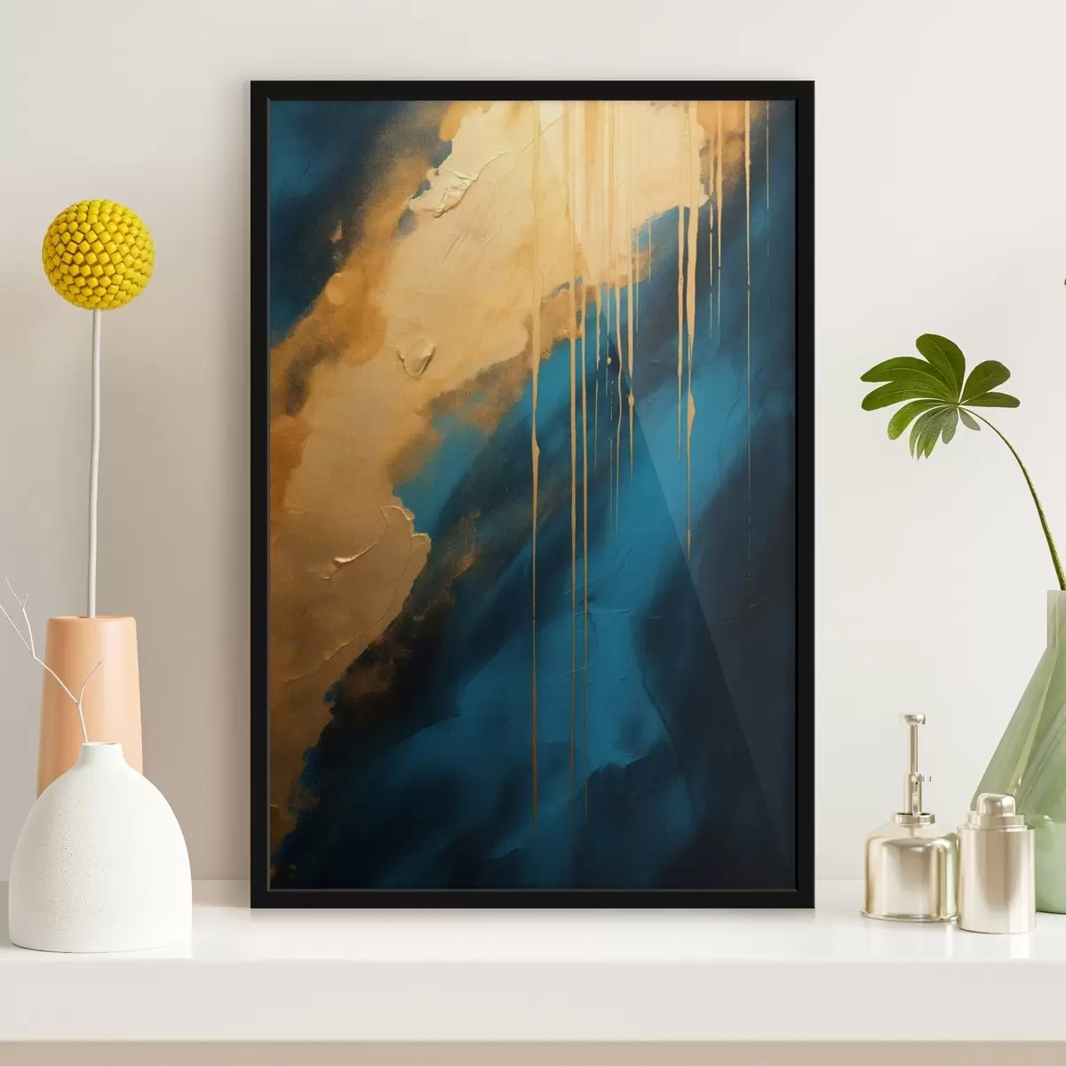 Poster Teal en diepblauw abstract met vloeiende warme accenten f46509