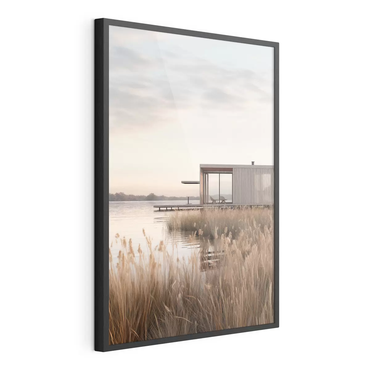 Poster Moderne hut aan het meer tussen het riet in de zachte schemering f46513