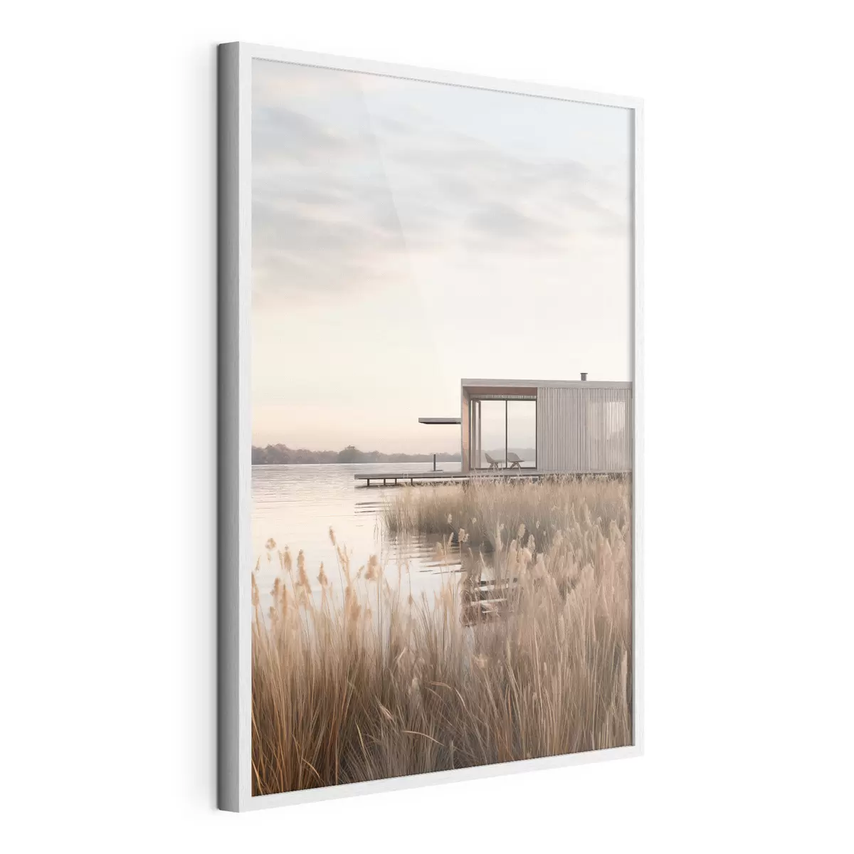 Poster Moderne hut aan het meer tussen het riet in de zachte schemering f46513