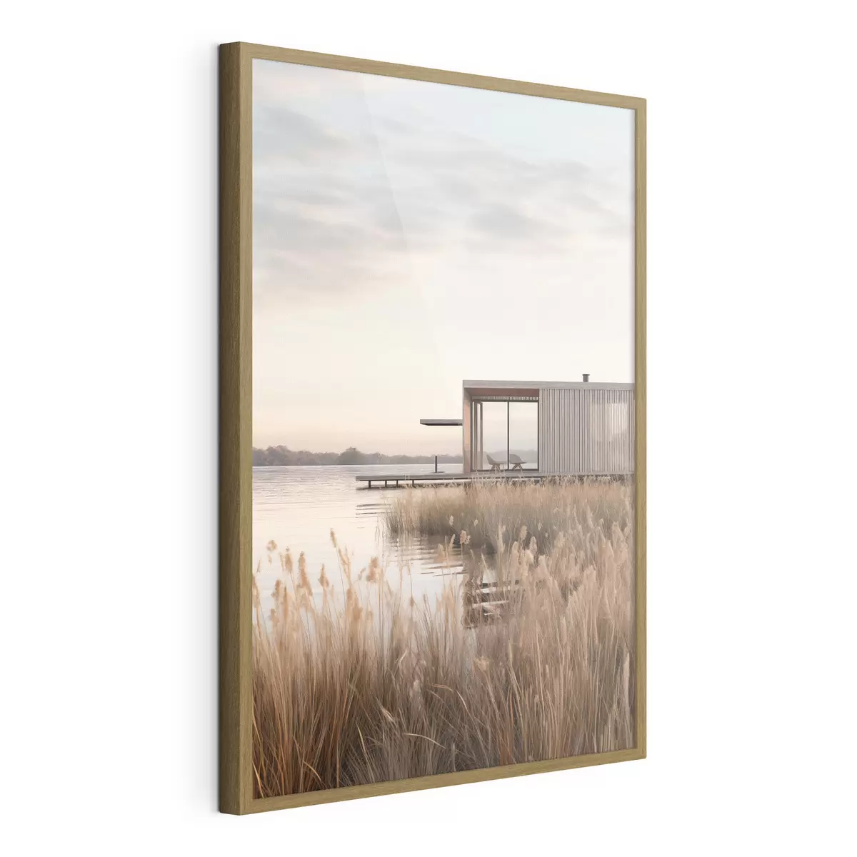 Poster Moderne hut aan het meer tussen het riet in de zachte schemering f46513