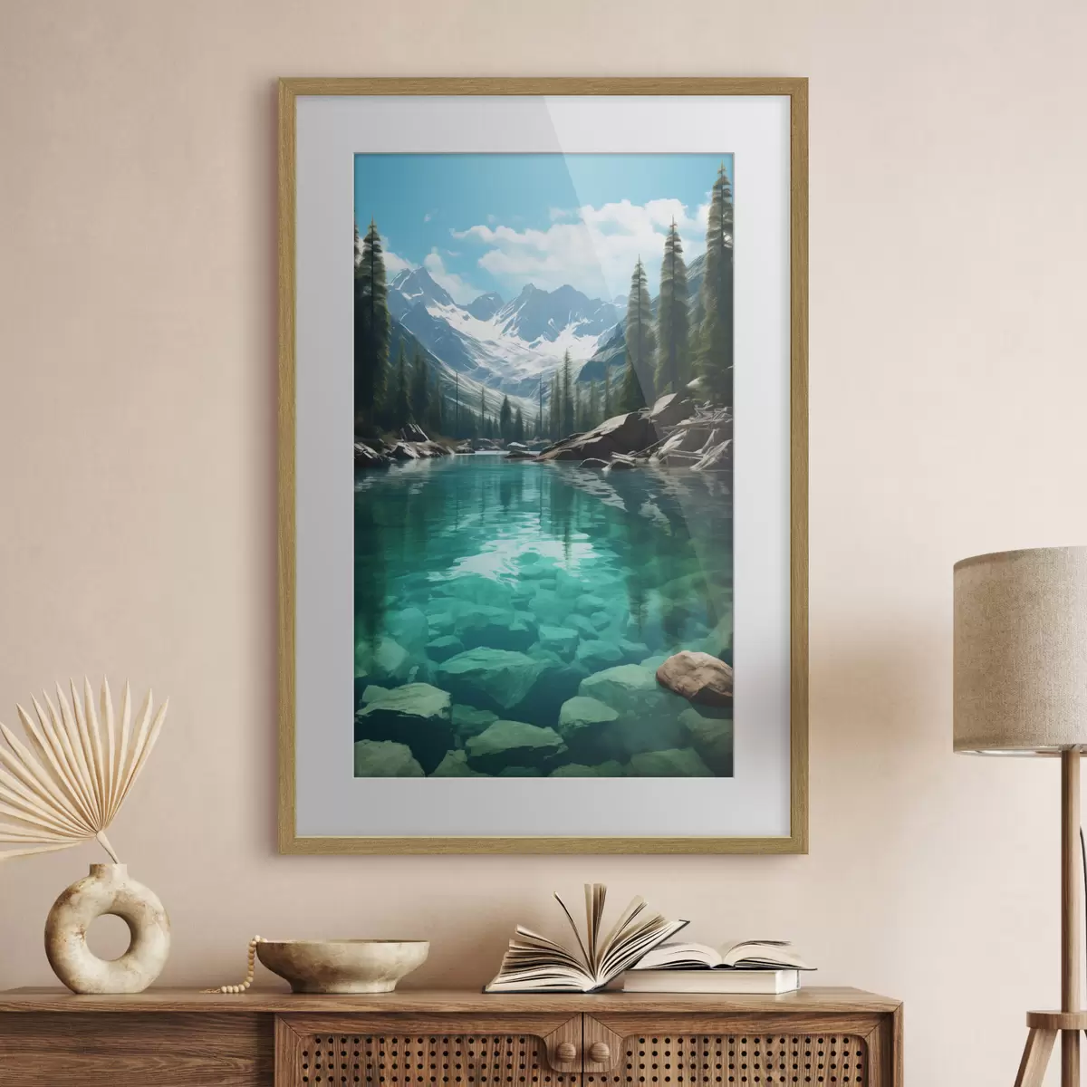 Poster Heldere bergbeek met rotsachtige bodem en besneeuwde bergtoppen f46514
