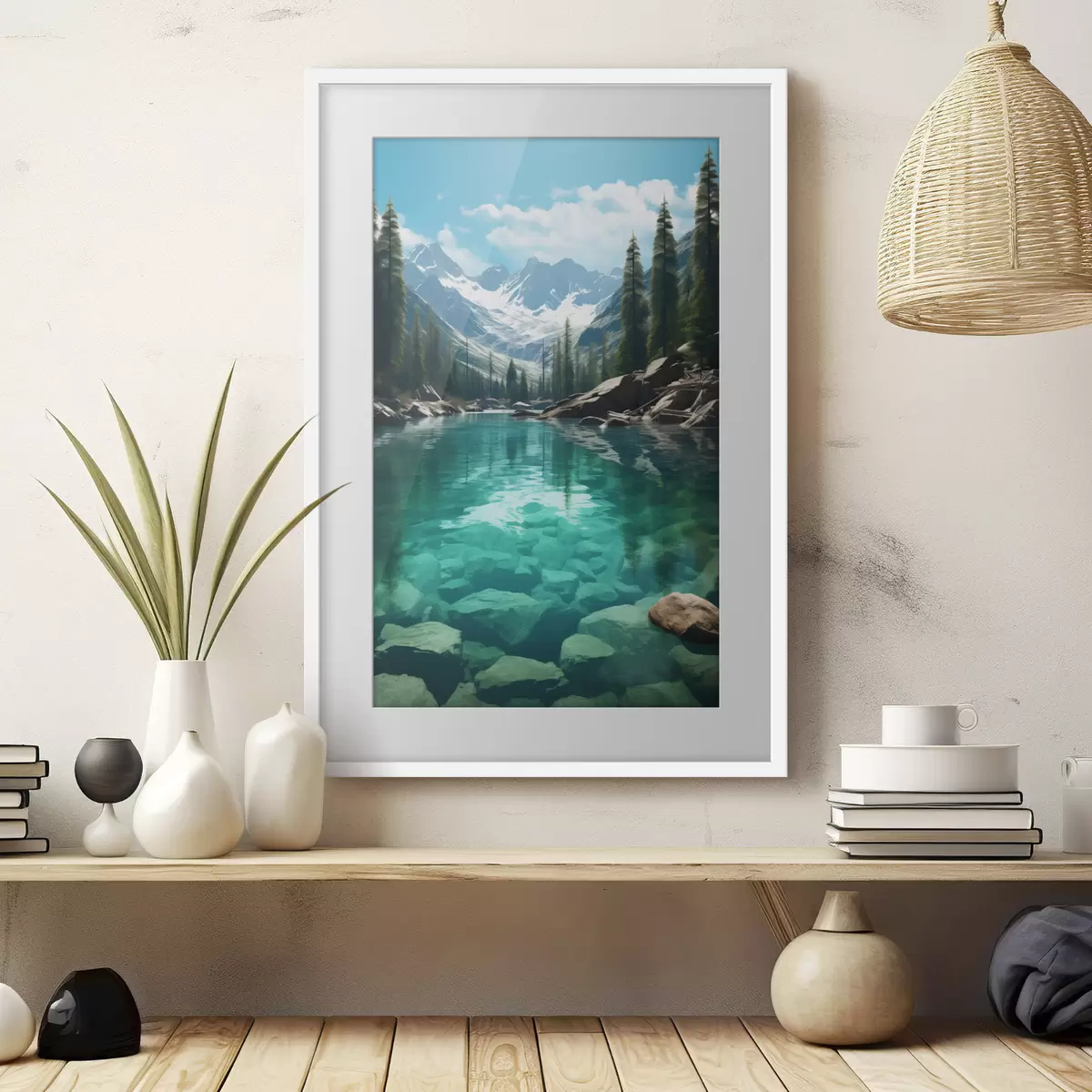 Poster Heldere bergbeek met rotsachtige bodem en besneeuwde bergtoppen f46514