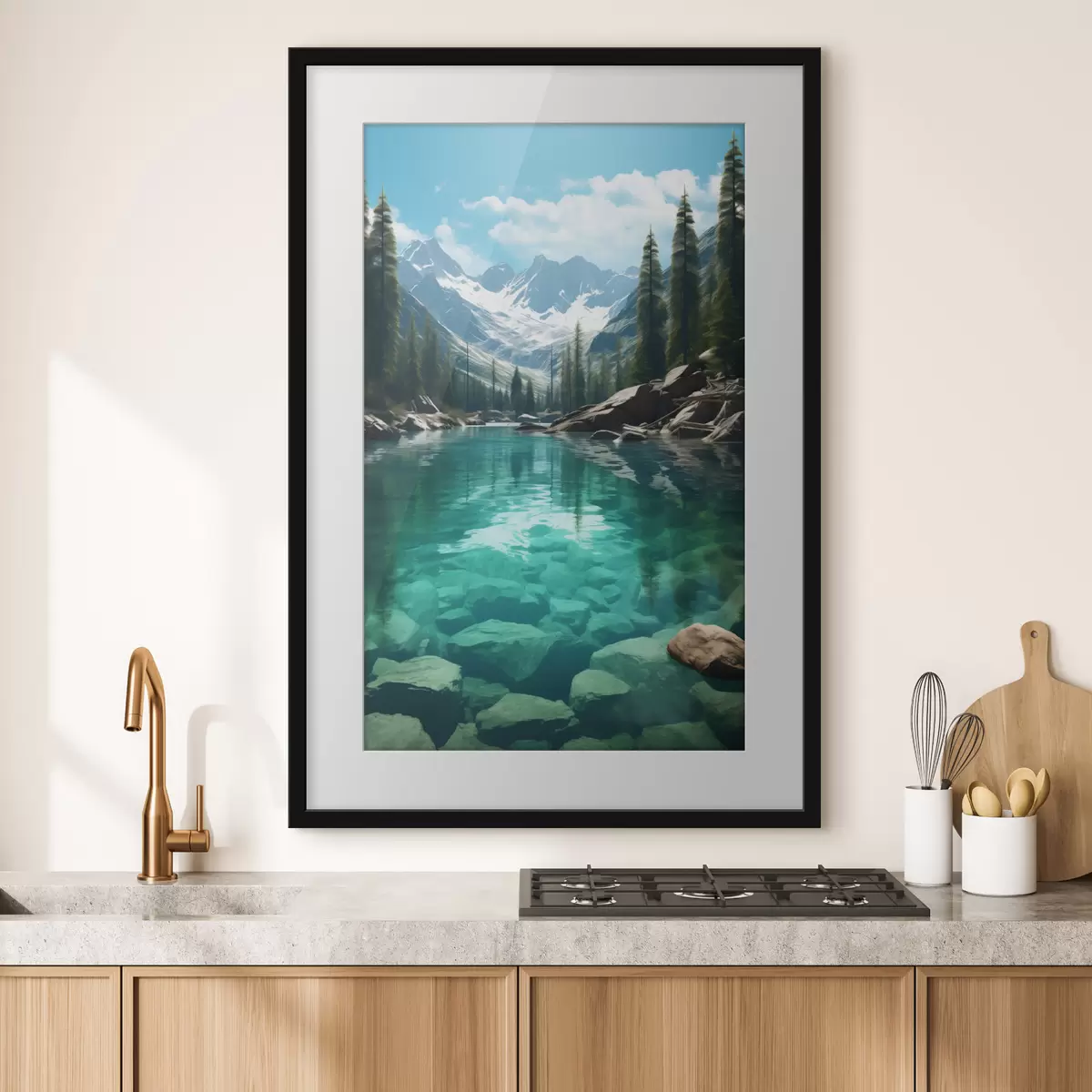 Poster Heldere bergbeek met rotsachtige bodem en besneeuwde bergtoppen f46514
