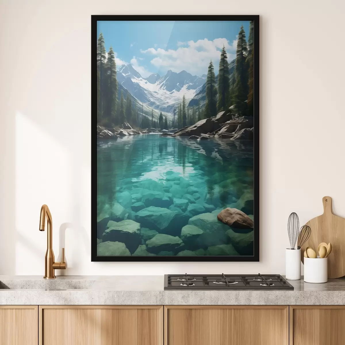 Poster Heldere bergbeek met rotsachtige bodem en besneeuwde bergtoppen f46514