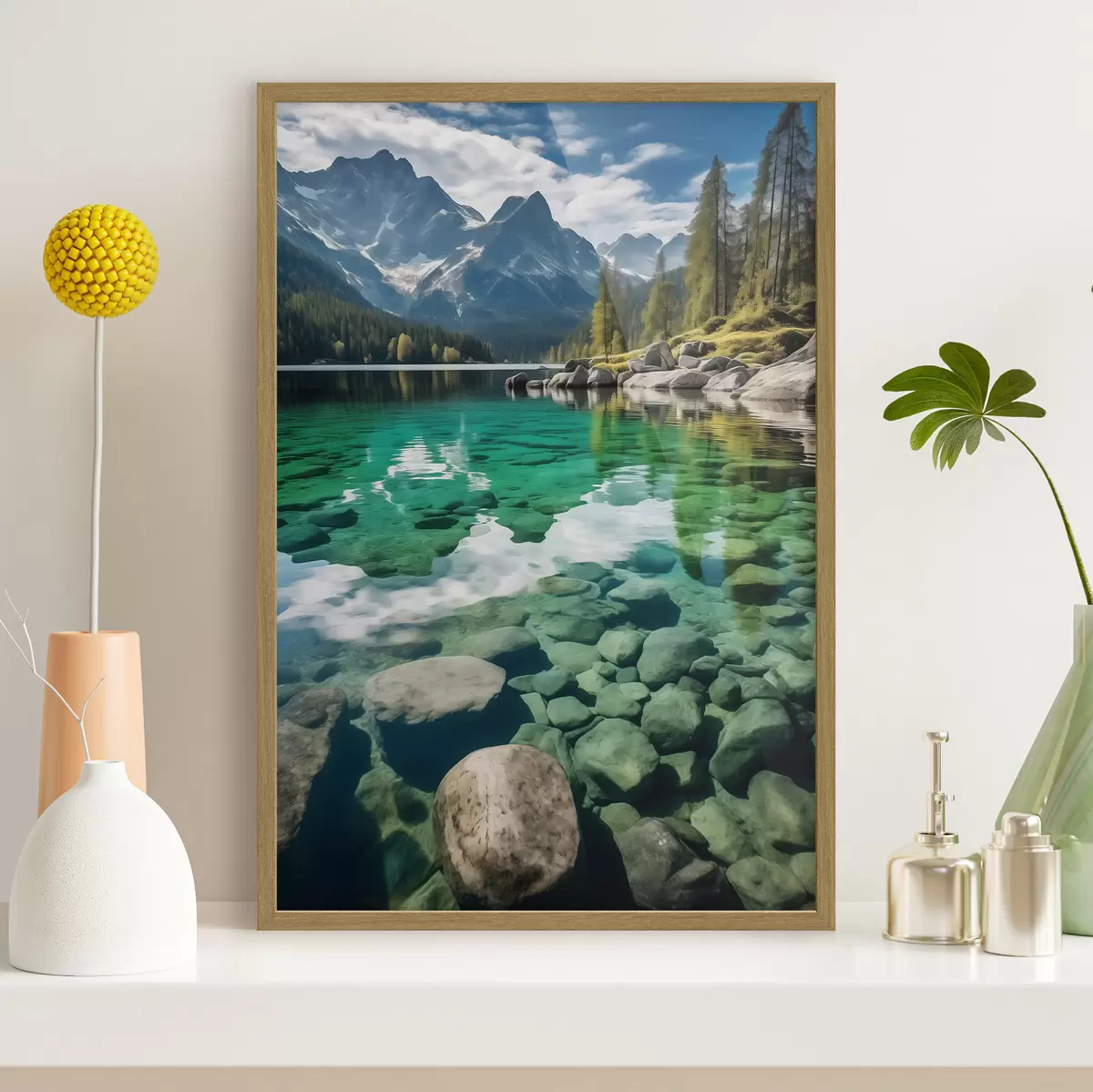 Poster Smaragdgroen bergmeer met rotsen eronder en torenhoge bergtoppen f46515