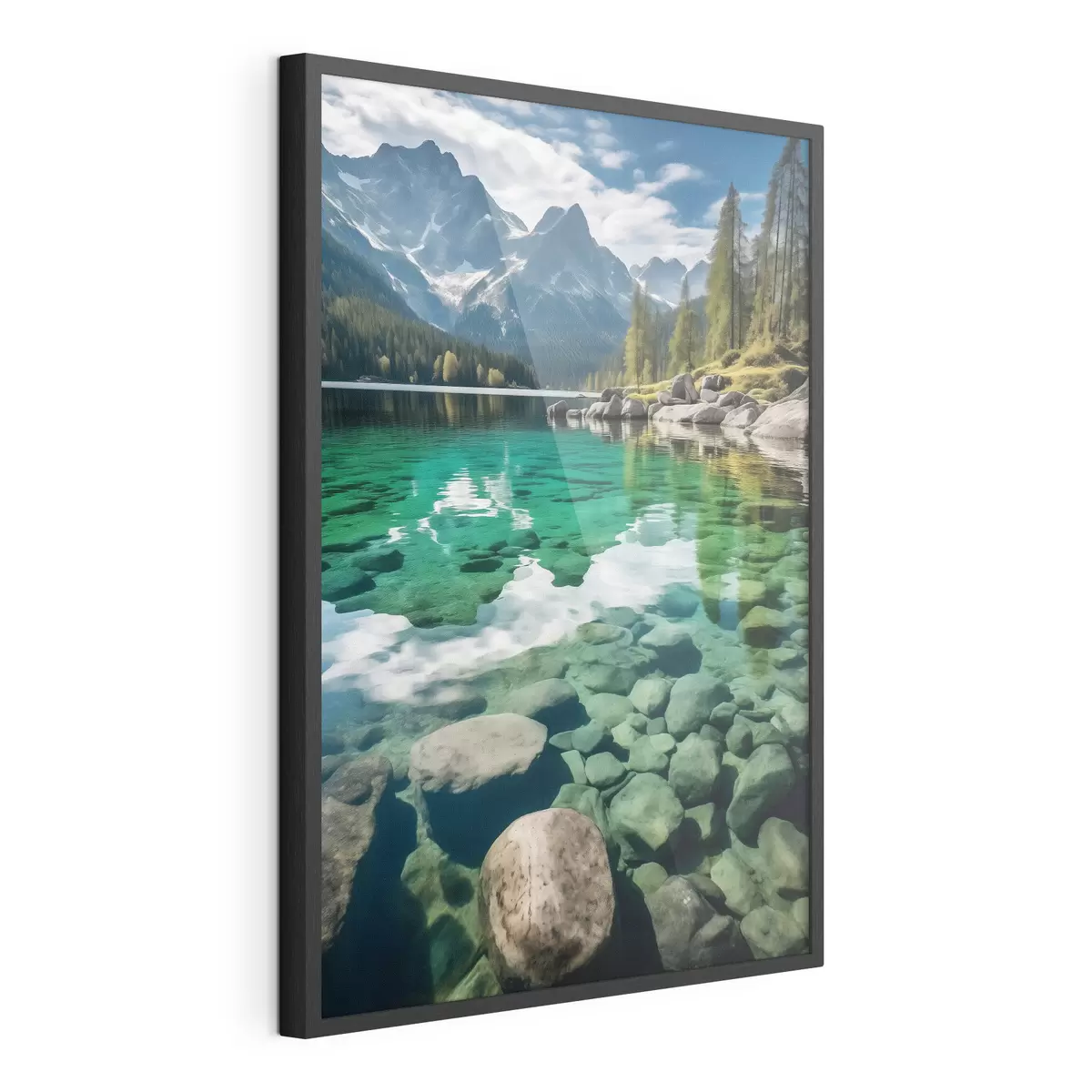 Poster Smaragdgroen bergmeer met rotsen eronder en torenhoge bergtoppen f46515