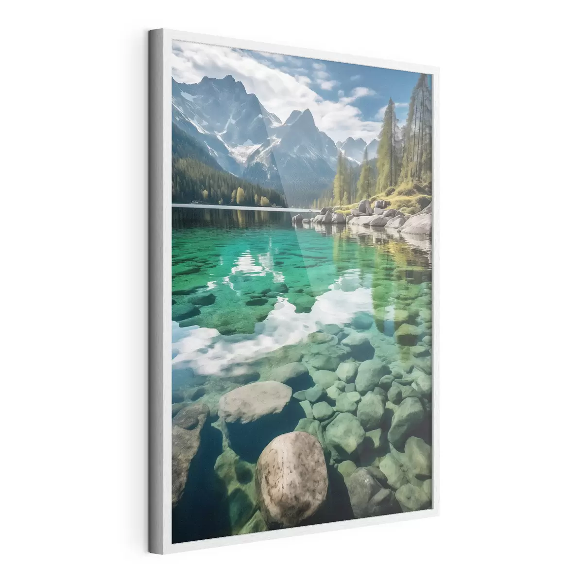 Poster Smaragdgroen bergmeer met rotsen eronder en torenhoge bergtoppen f46515