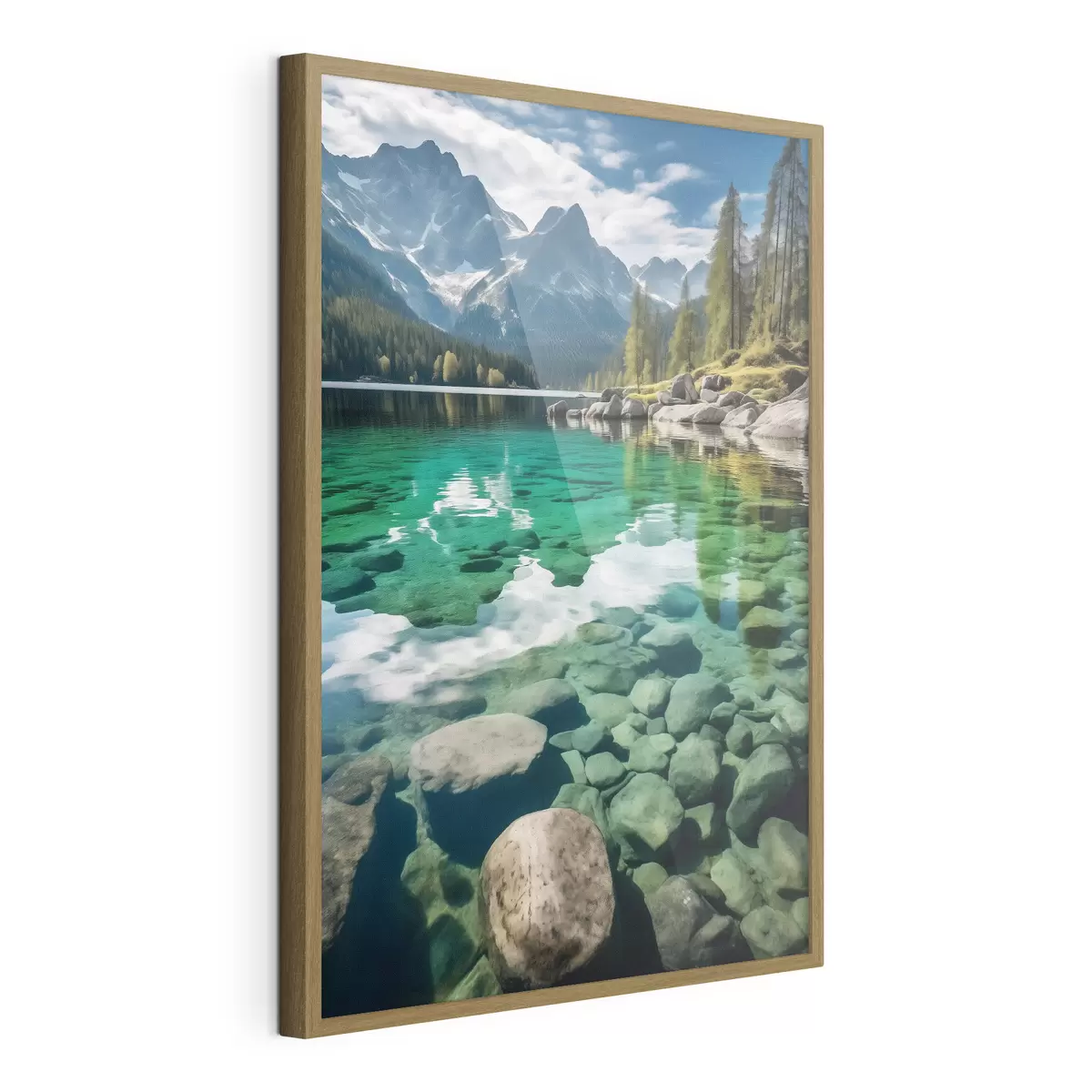 Poster Smaragdgroen bergmeer met rotsen eronder en torenhoge bergtoppen f46515
