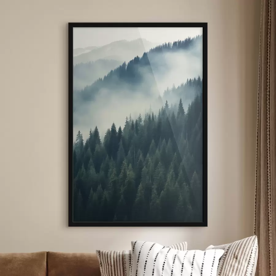 Fotobehang Mist boven naaldbossen, diepgroene tinten f46516