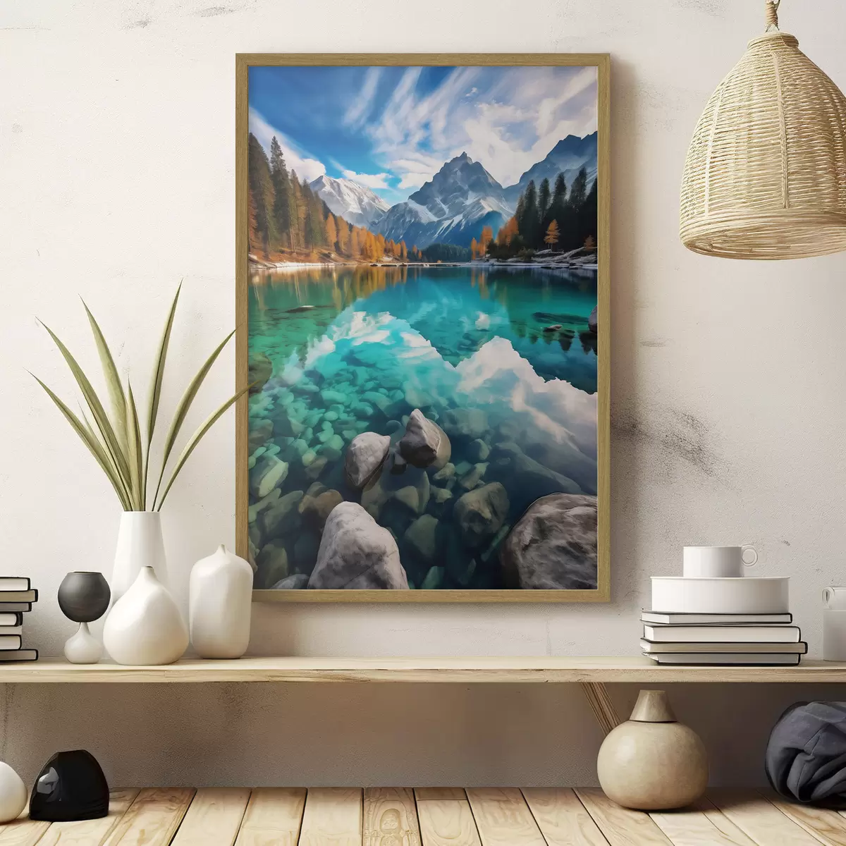 Poster Bergmeer met turquoise water en herfstlariksbomen f46517