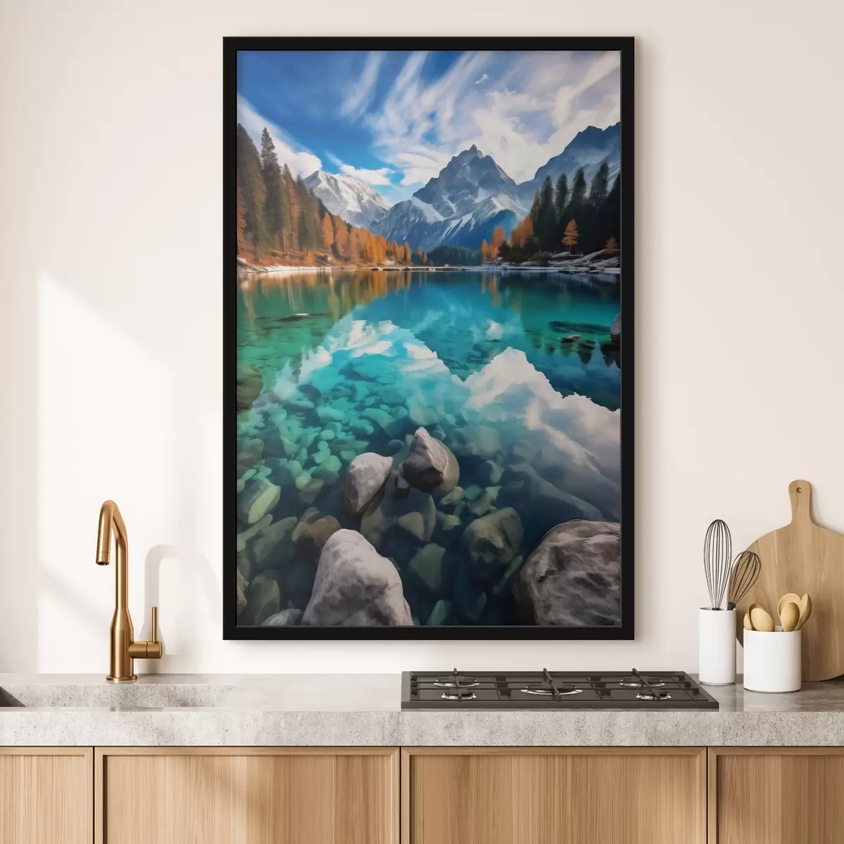Poster Bergmeer met turquoise water en herfstlariksbomen f46517
