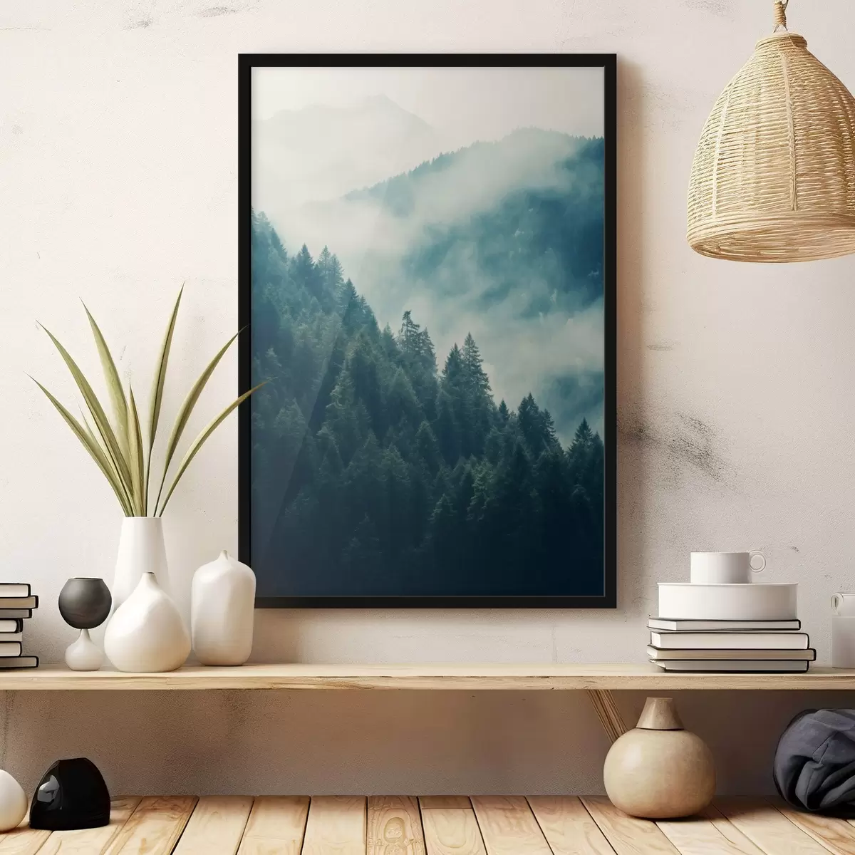 Poster Mistige bergkammen en donkere naaldbossen f46518