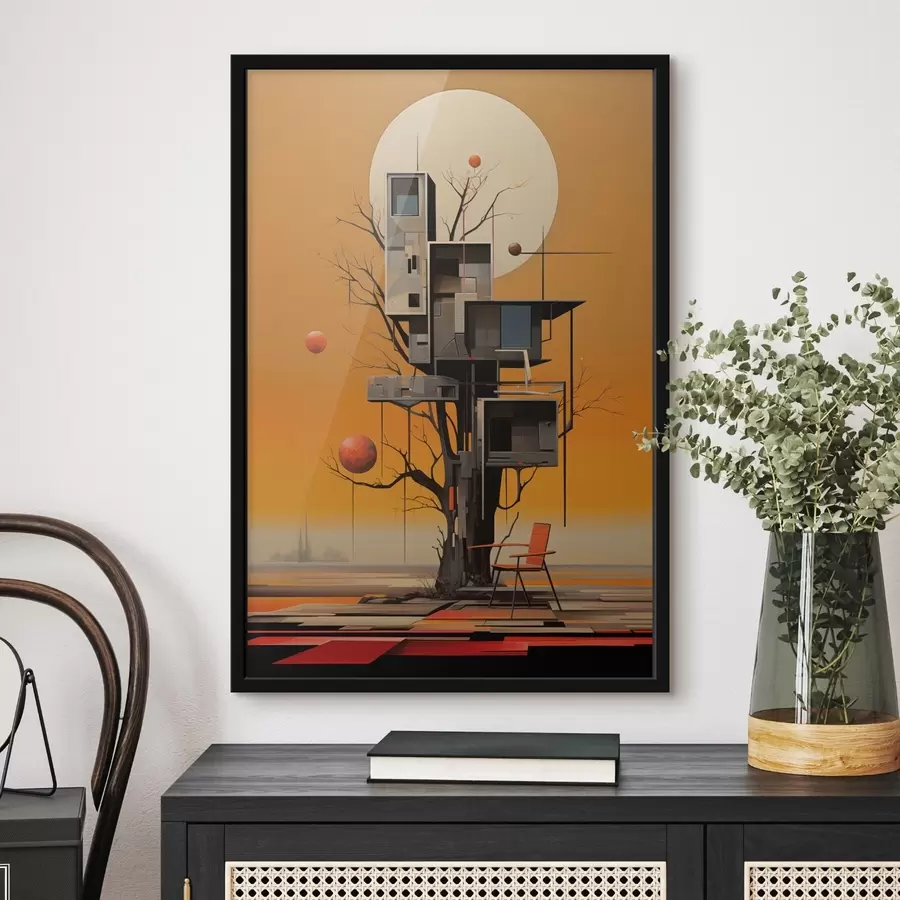 Fotobehang Surrealistische boomhut tegen een oranje achtergrond f46526