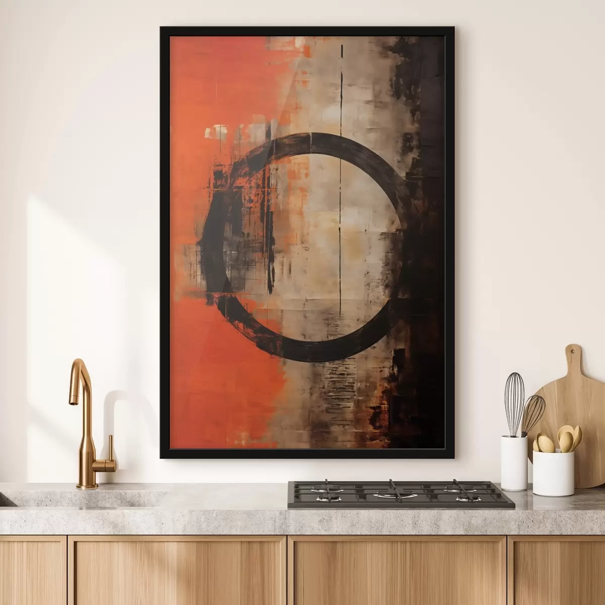 Poster Abstract met een grote zwarte cirkel en warme texturen f46528