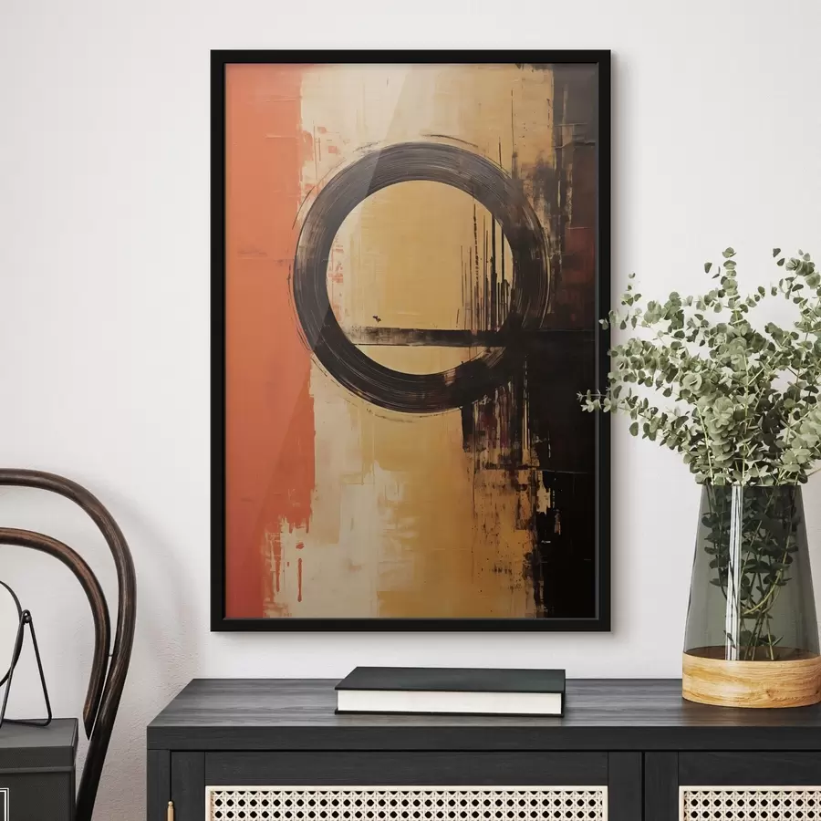 Fotobehang Abstract met een zwarte ring op een terracotta-zandkleurige achtergrond f46529