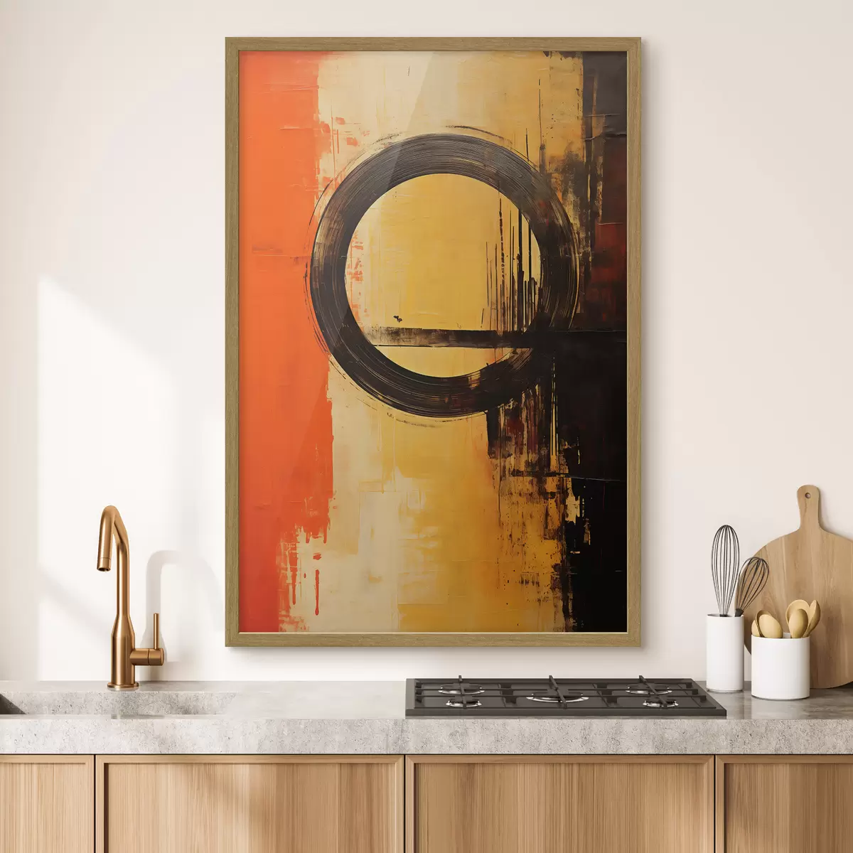 Poster Abstract met een zwarte ring op een terracotta-zandkleurige achtergrond f46529