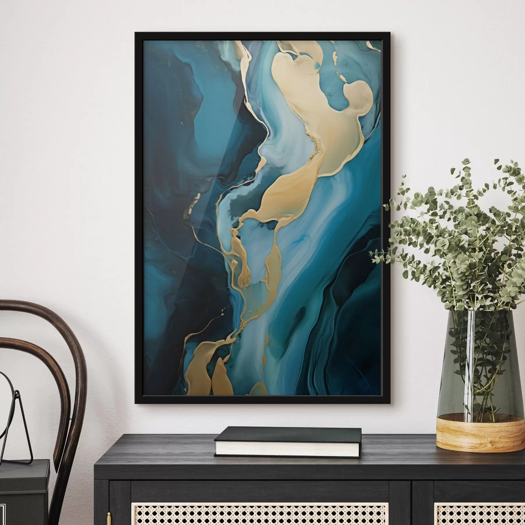 Fotobehang Tealblauw abstract met een stroom oker f46530
