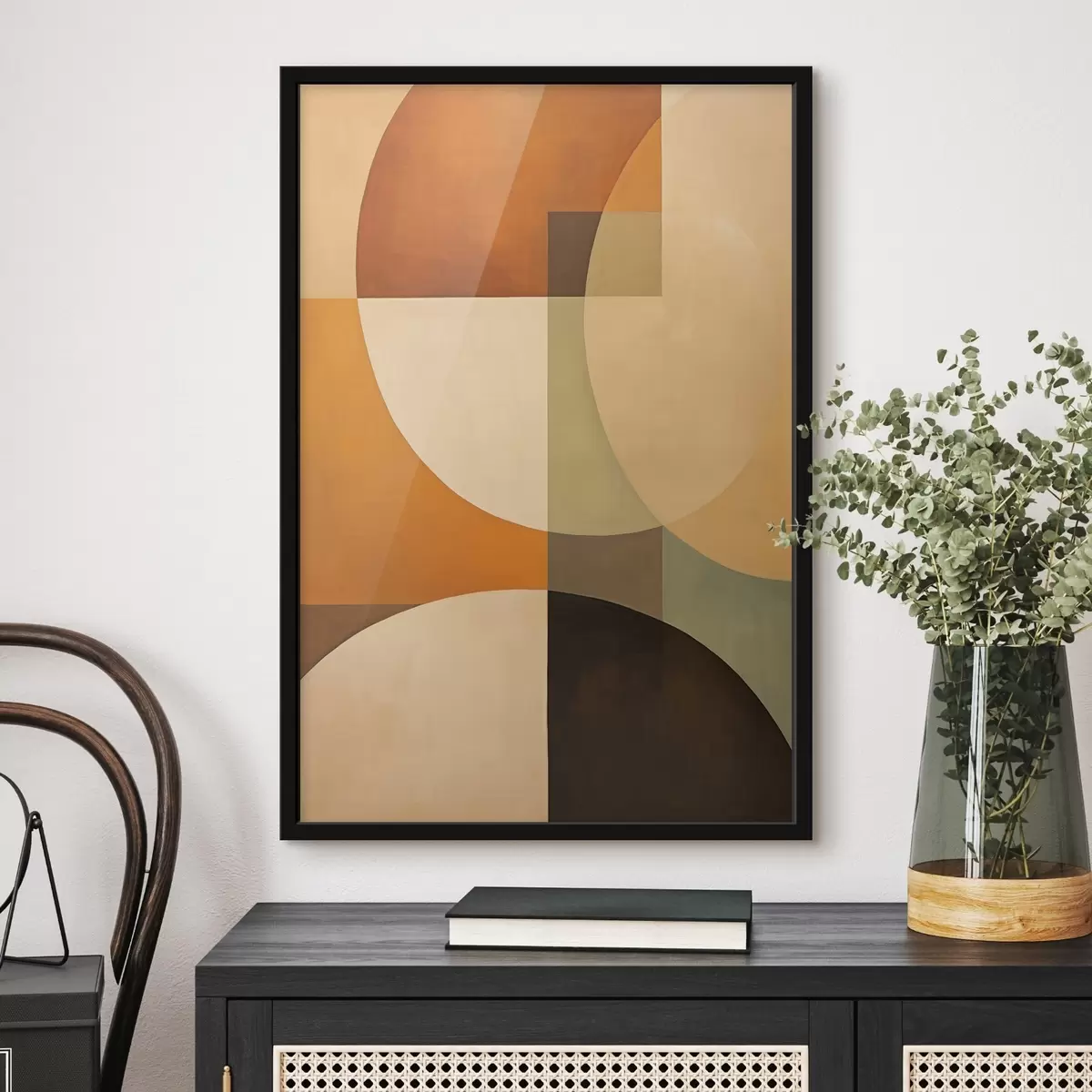 Poster Grote, elkaar kruisende vormen in terracotta-olijfkleurige tinten f46533