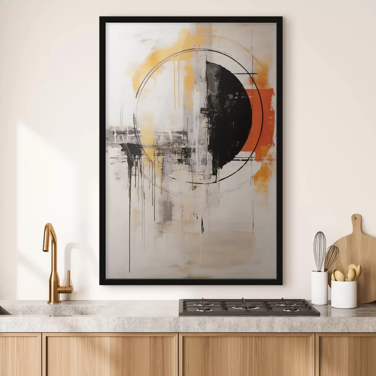 Poster Monochroom oranje cirkel met gestructureerde druppels f46536