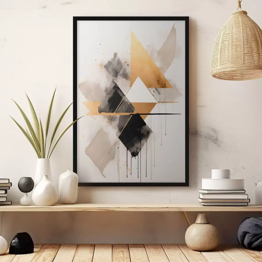 Fotobehang Geometrie met driehoeken en een zwarte ruit, beige lijnen f46539