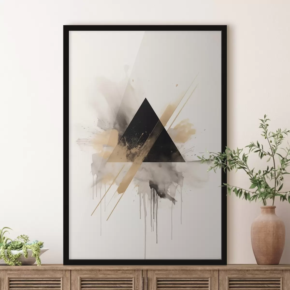 Poster Geometrie: zwarte driehoek met lichte spatten en lijnen f46540