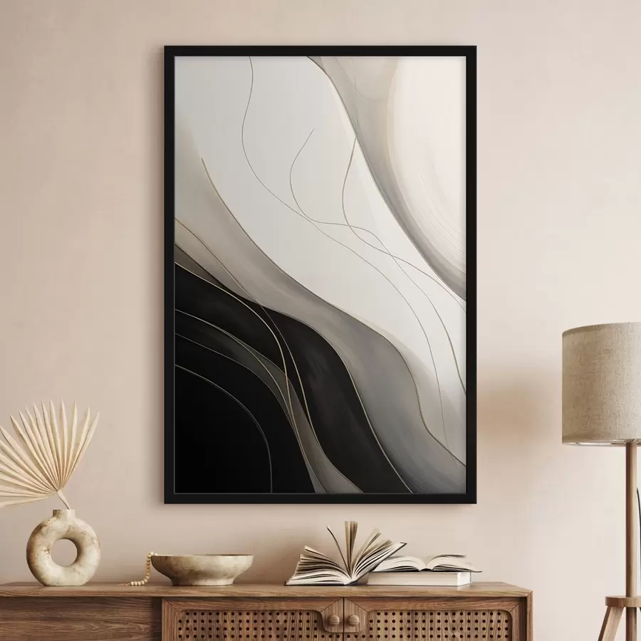 Fotobehang Golven in zwart en beige met fijne okerkleurige lijnen f46541