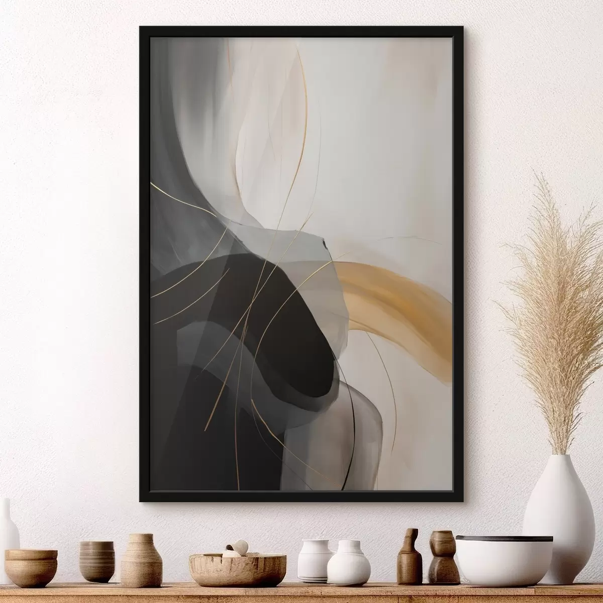 Poster Zachte rondingen in zwart en beige met een warm accent f46542