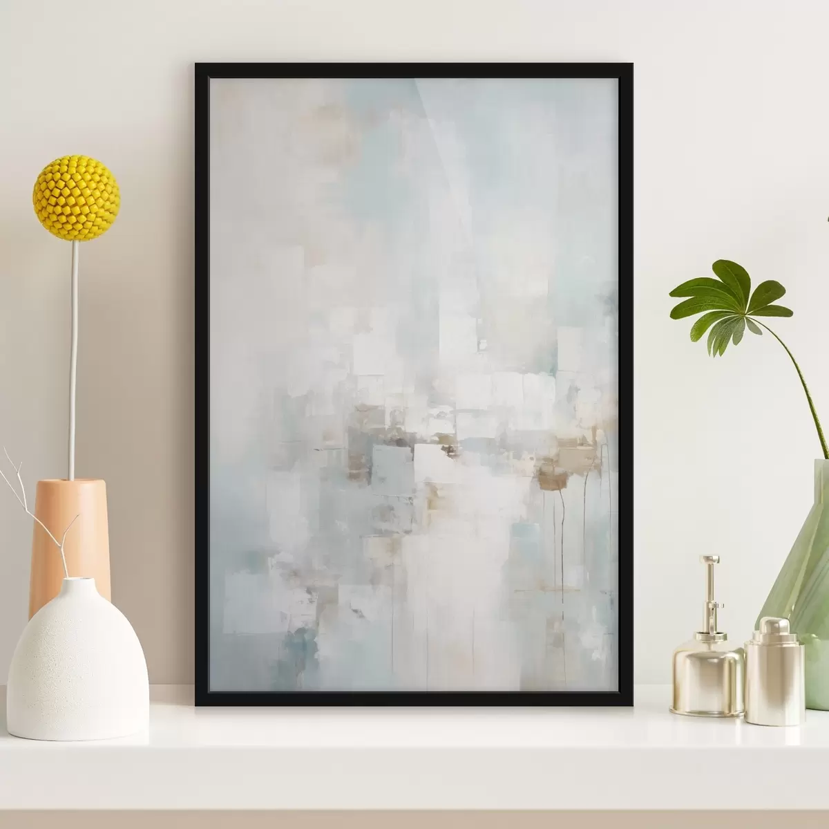 Poster Lichte pastelkleuren: blauw, beige, wit f46546