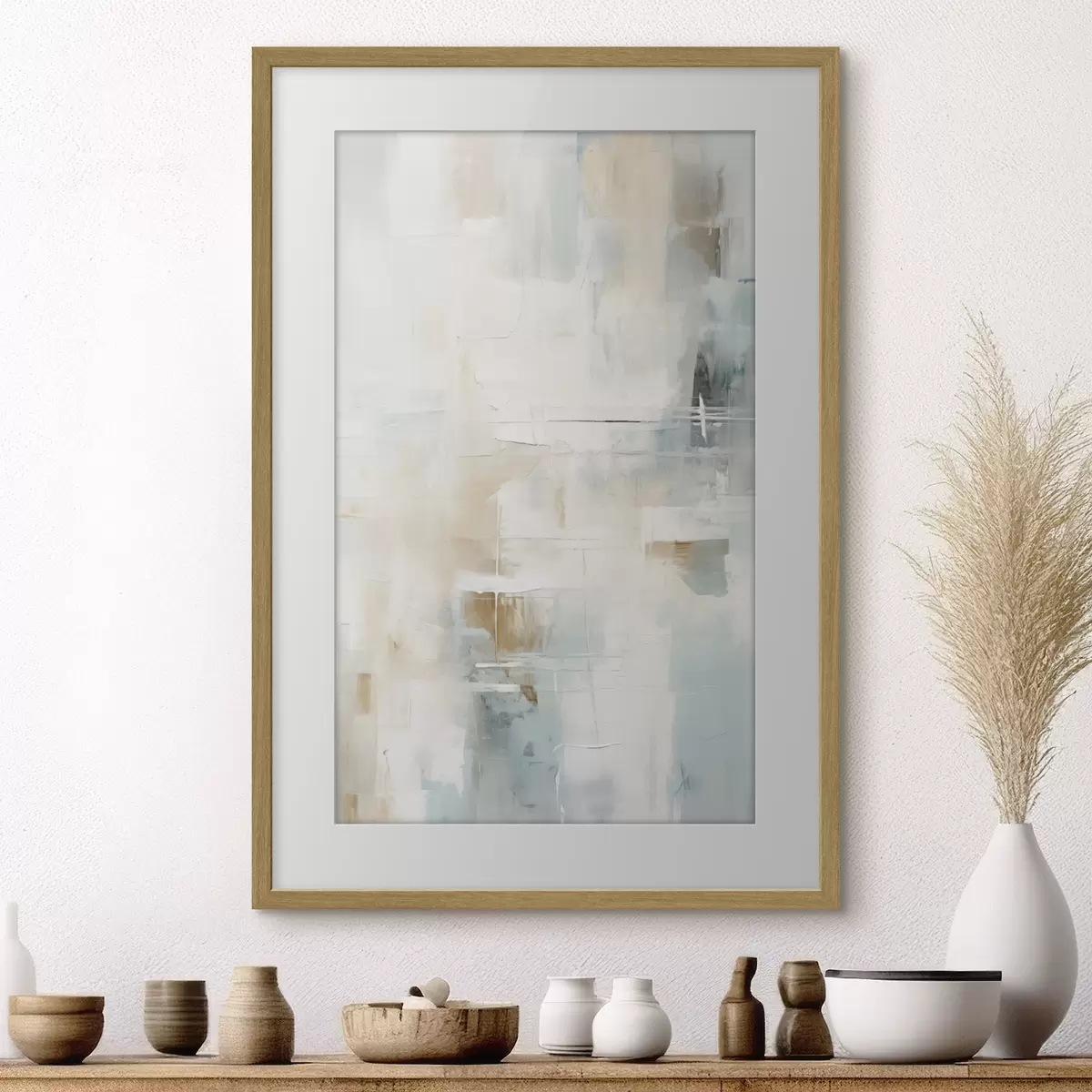 Poster Luchtige streken van blauw en beige op wit f46547