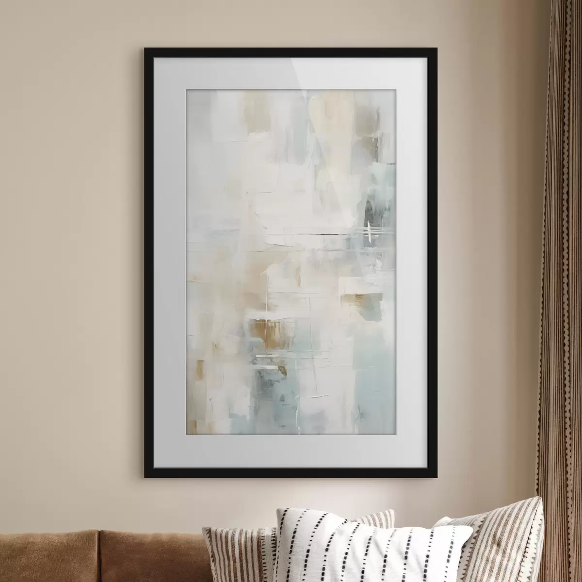 Poster Luchtige streken van blauw en beige op wit f46547