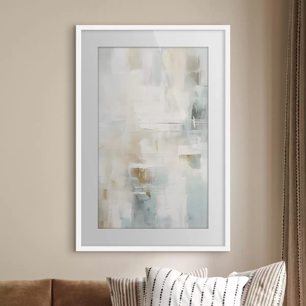 Poster Luchtige streken van blauw en beige op wit f46547