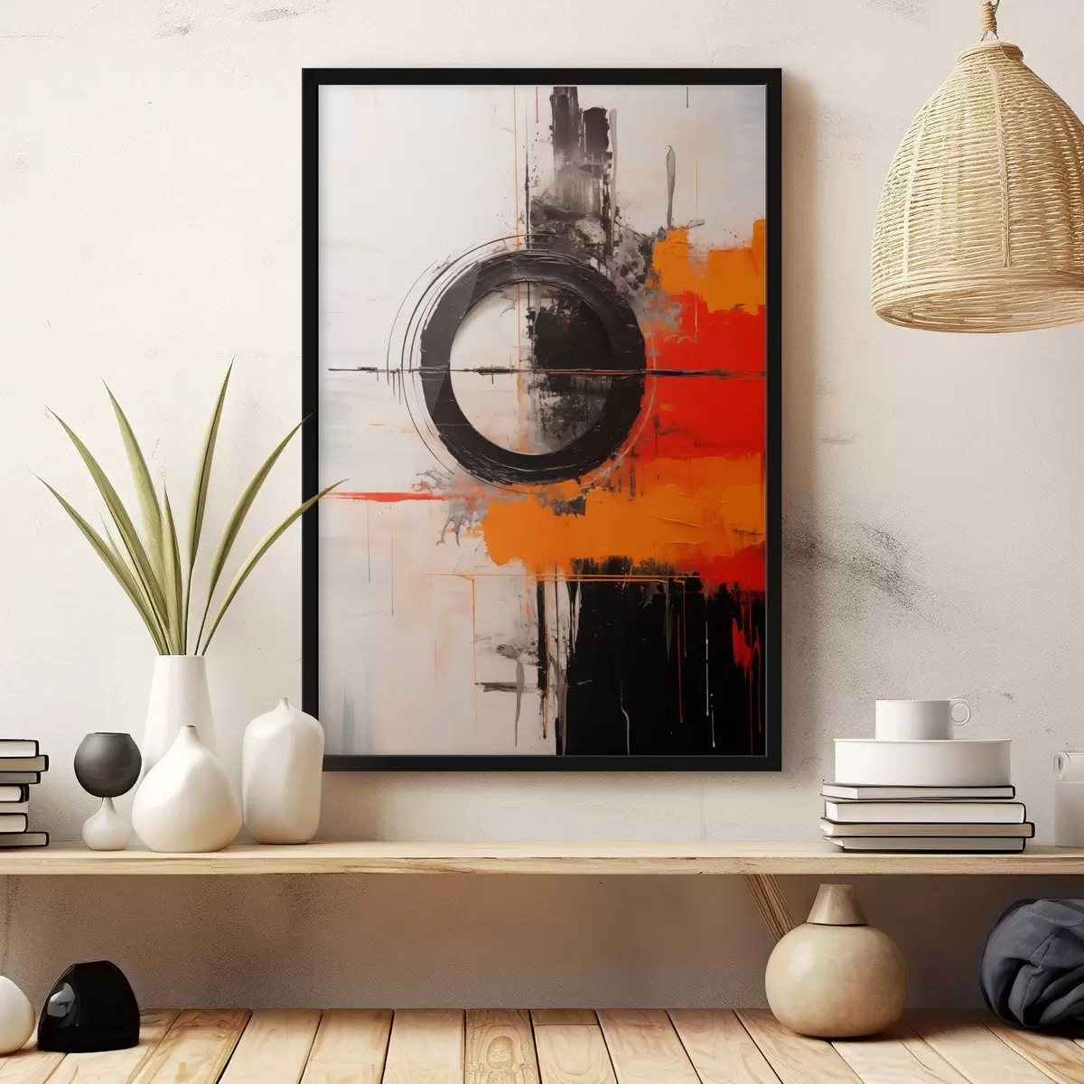 Poster Zwarte cirkel op wit, oranje strepen en spatten f46549