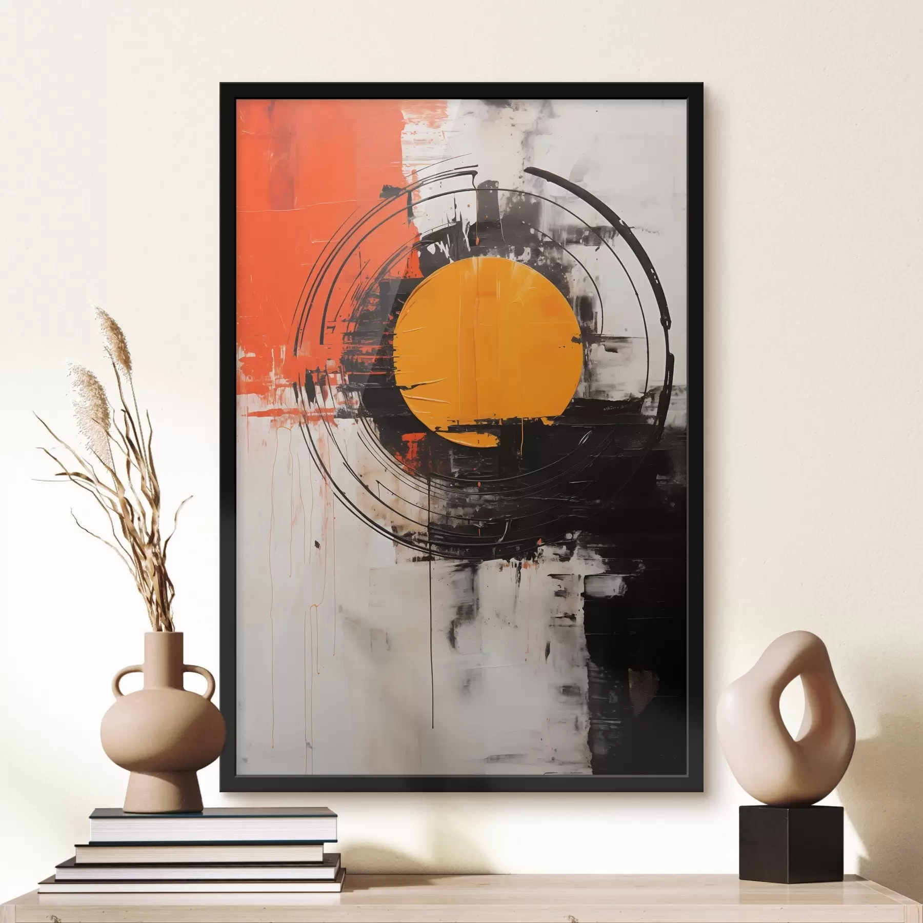 Fotobehang Oranje schijf binnen een zwarte ring, strepen en spatten f46550