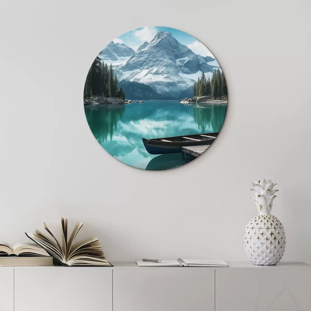 Ronde schilderijen Alpien meer met kano en besneeuwde bergtoppen r46481
