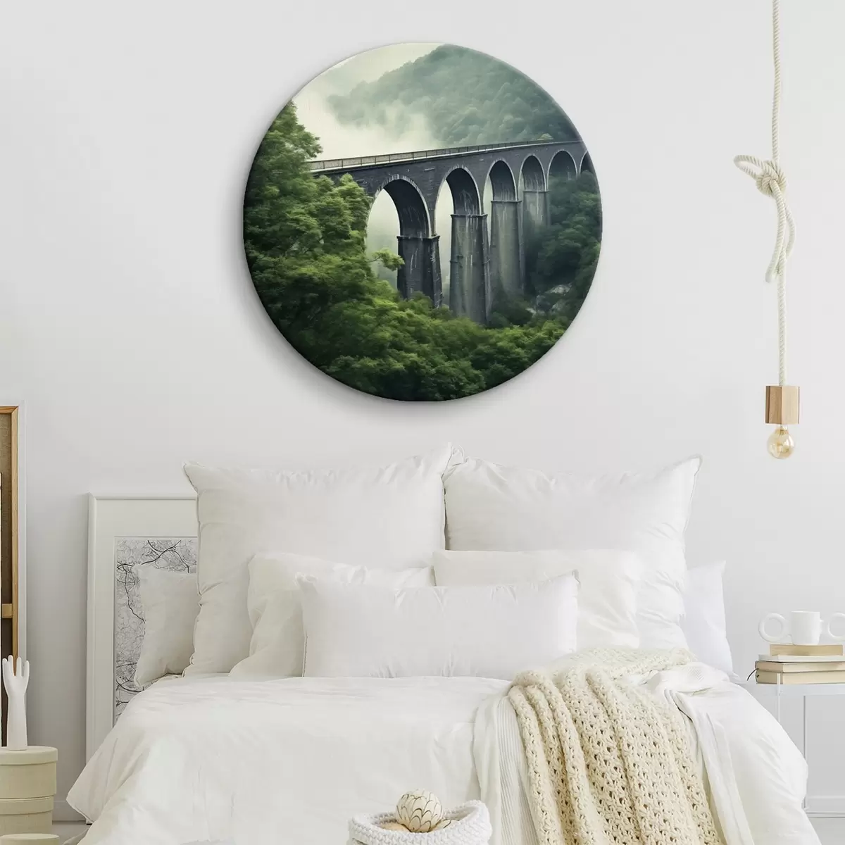 Ronde schilderijen Stenen viaduct boven mistige beboste vallei r46483