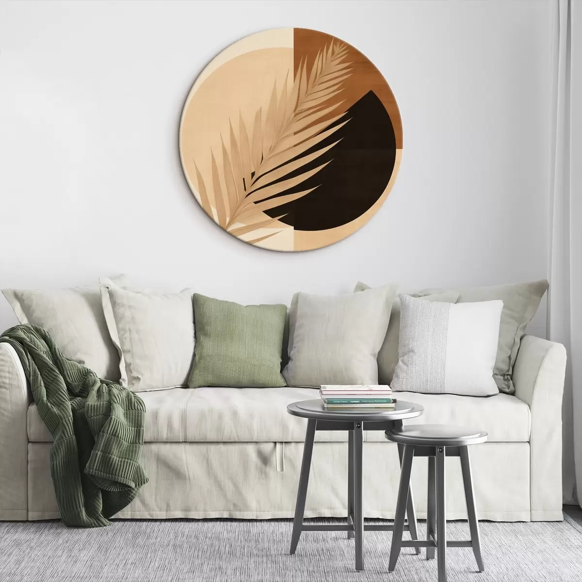 Ronde schilderijen Palmblad boven terracotta en crèmekleurige geometrie r46490