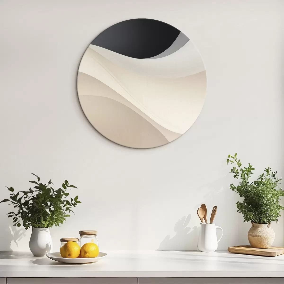 Ronde schilderijen Gelaagde vloeiende rondingen in zwart, crème en taupe r46492