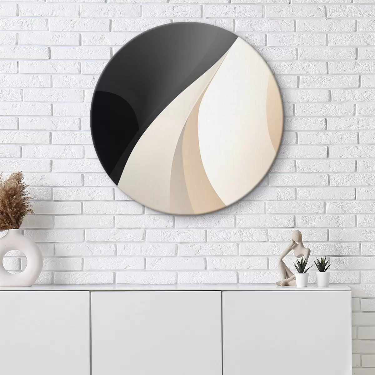 Ronde schilderijen Strakke overlappende rondingen in antraciet, ivoor en zand r46493